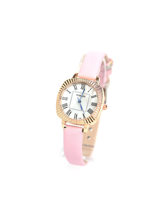 Watch With Pink Strap And White Dial With Roman Numerals