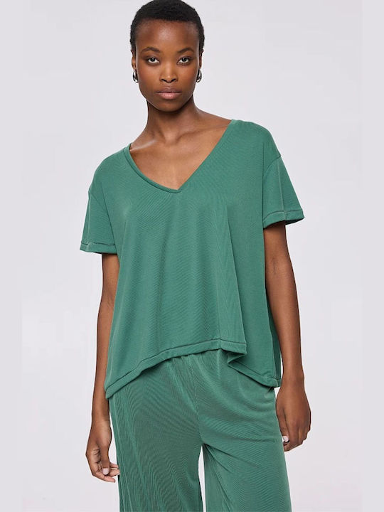 BSB Damen Bluse Kurzärmelig mit V-Ausschnitt Green