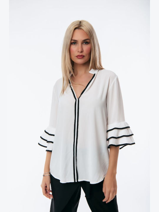 Dress Up Women's Summer Blouse with 3/4 Sleeve White