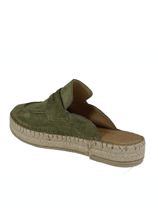 Flat Suede Mules in Green Color