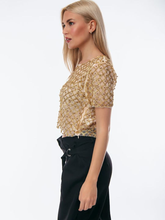 Damen Sommer Bluse Kurzärmelig GOLD