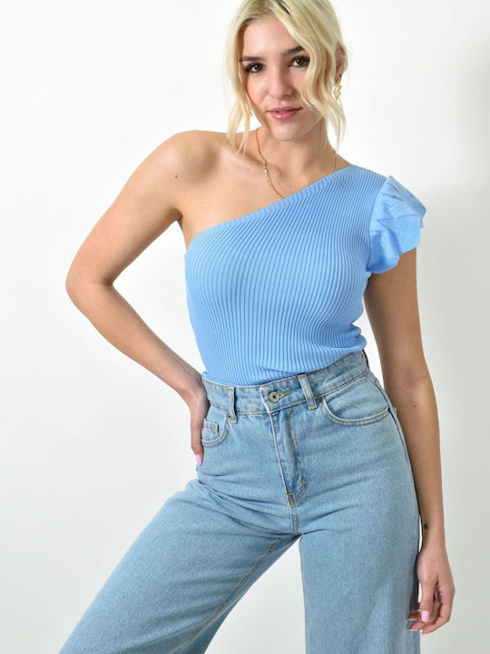 Potre Damen Sommer Bluse mit einem Schulter Hellblau