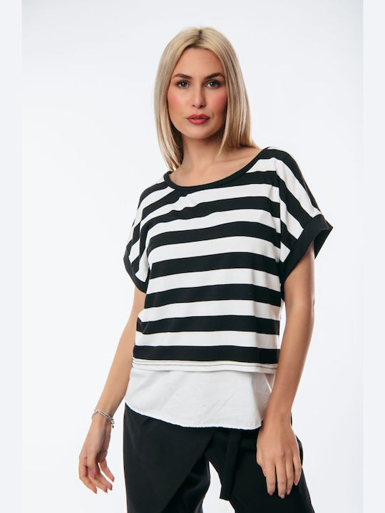 Boutique Women's Summer Blouse Short Sleeve Striped Black