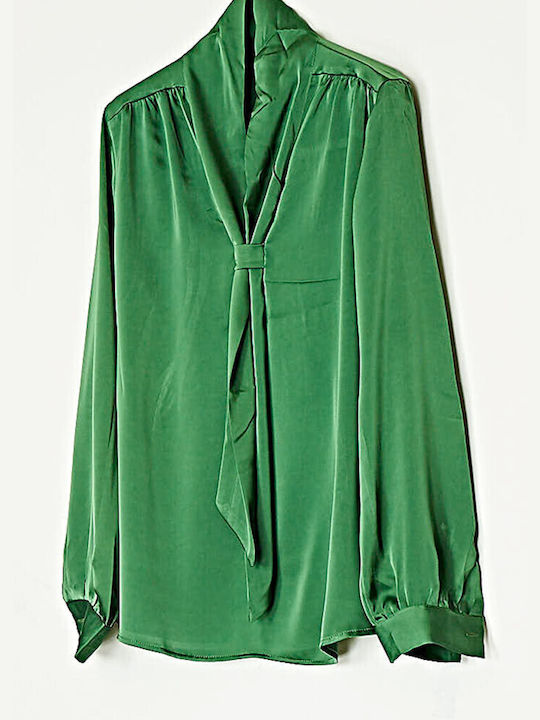 Cuca Women's Summer Blouse Satin Long Sleeve Green