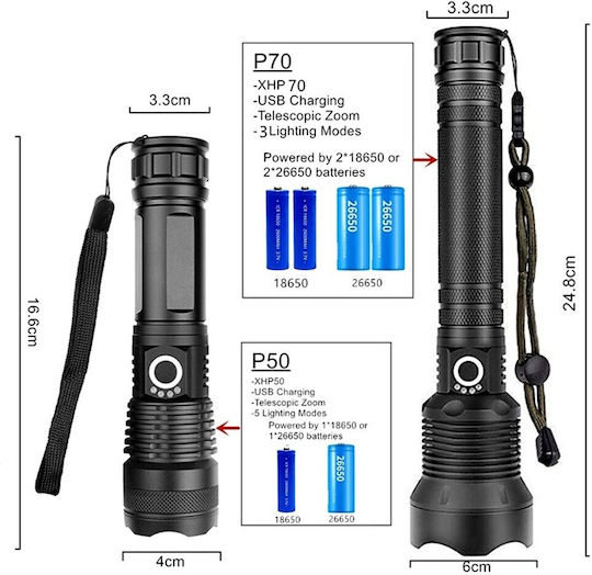 Επαναφορτιζόμενος Φακός LED IP67 με Μέγιστη Φωτεινότητα 15000lm 2τμχ