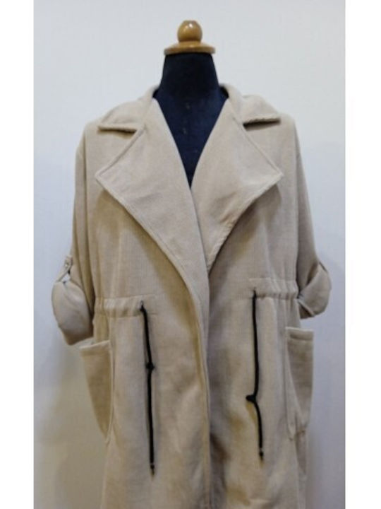 New Collection Women's Midi Coat with Buttons Beige