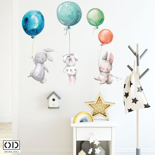 Dekorativer Aufkleber mit Selbstklebefolie für Wand- und Möbeldekoration, Hasen mit Heliumballons, Mehrfarbig, Original Deals