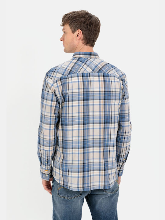 Camel Active Men's Shirt Long Sleeve Cotton Checked Light Blue