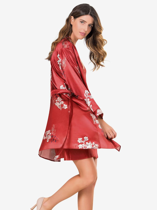 Moongilr Summer Women's Satin Robe with Nightdress Red