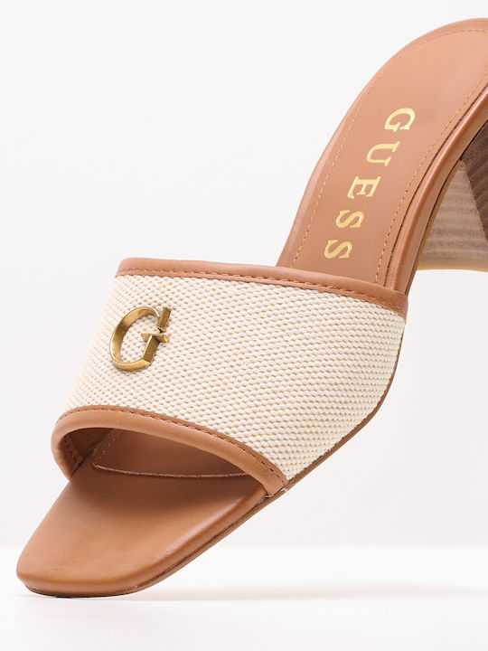 Guess Chunky Heel Leather Mules Tabac Brown