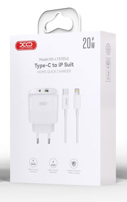 XO Charger with USB-A Port and USB-C Port and Cable USB-C - Lightning 20W Power Delivery Whites (L137)