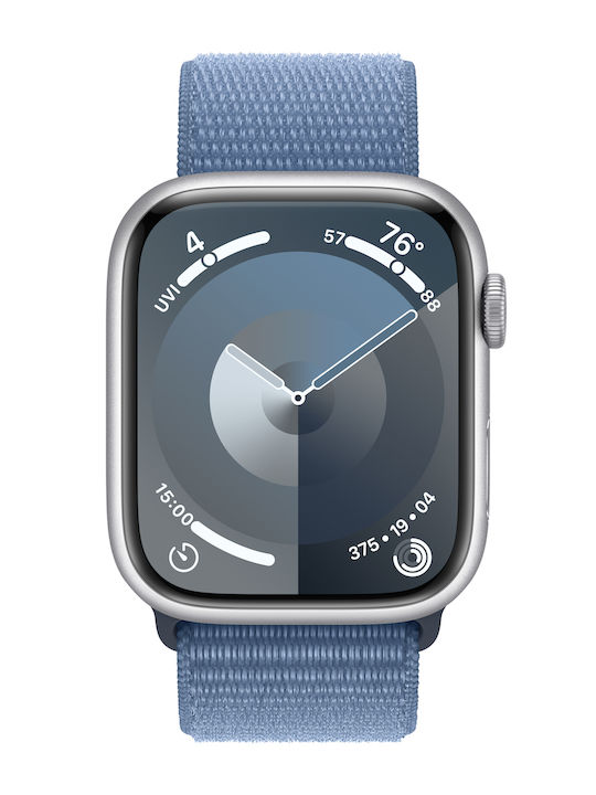 Apple Watch Series 9 Aluminium 45mm Waterproof with Heart Rate Monitor (Silver with Winter Blue Sport Loop)