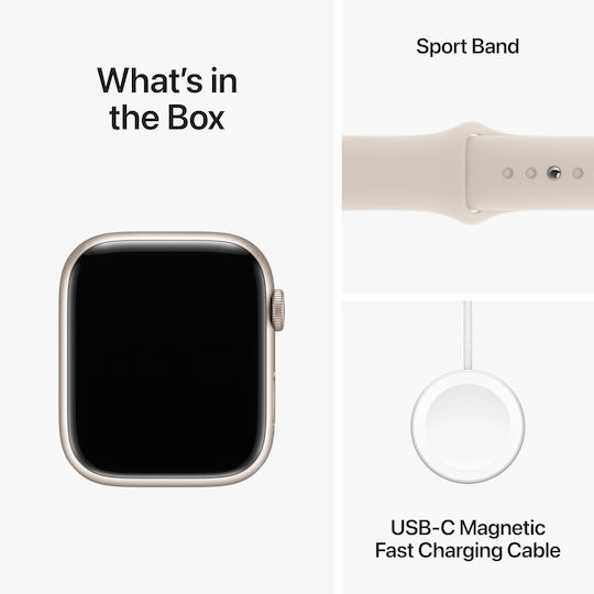 Apple Apple Watch Series 9 Aluminium 45mm Waterproof with Heart Rate Monitor Starlight with Starlight Sport Band S/M