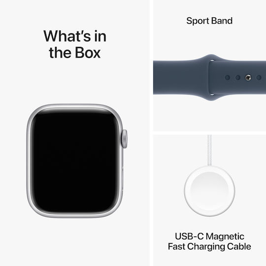 Apple Watch Series 9 Aluminium 45mm Waterproof with Heart Rate Monitor (Silver with Storm Blue Sport Band - S/M)
