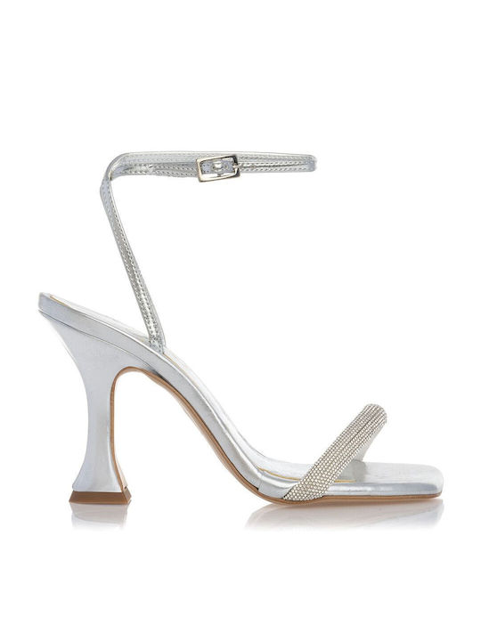 Sante Leather Women's Sandals with Strass Silver with Thin High Heel