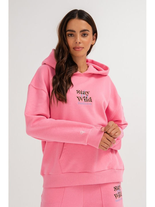 Μακρύ Γυναικείο Φούτερ με Κουκούλα Pink