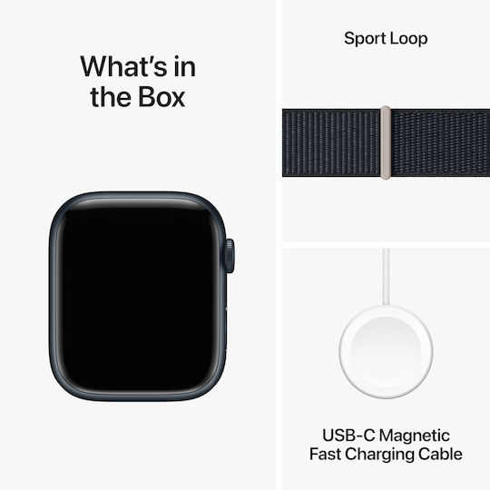 Apple Watch Series 9 Aluminium 45mm Waterproof with Heart Rate Monitor (Midnight with Midnight Sport Loop - M/L)