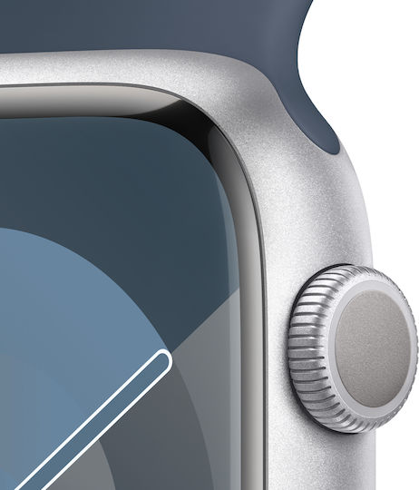 Apple Watch Series 9 Aluminium 45mm Waterproof with Heart Rate Monitor (Silver with Storm Blue Sport Band - M/L)