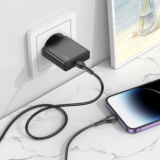 Hoco Φορτιστής με Θύρα USB-C και Καλώδιο USB-C - Lightning 20W Power Delivery Μαύρος (N37 Delgado)