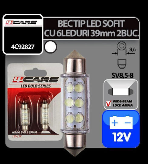 4cars 12v Festoon Lamp 6 Led 10x39mm Sv85-8 2pcs - White