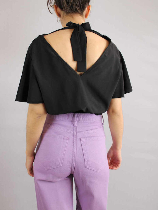 Damen Sommer Crop Top Kurzarm mit V-Ausschnitt Black