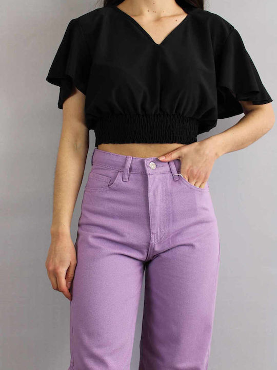 Damen Sommer Crop Top Kurzarm mit V-Ausschnitt Black