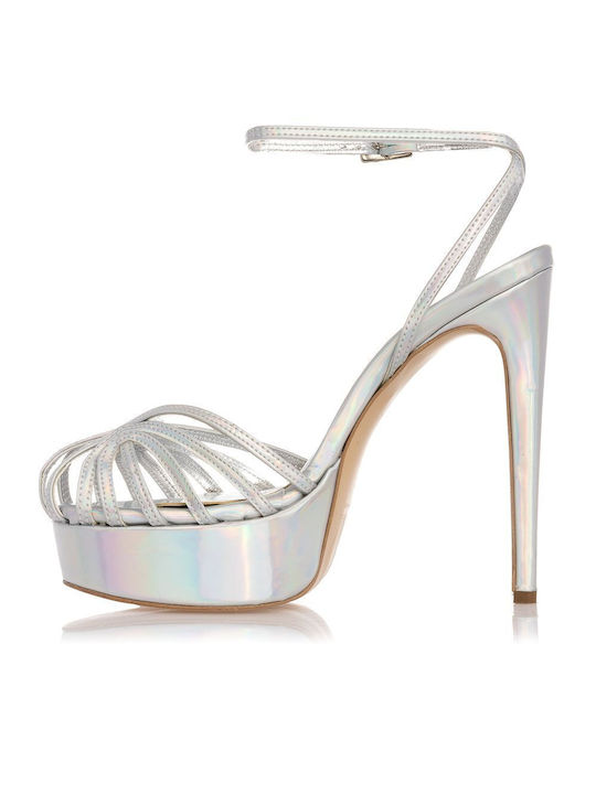 Sante Platform Leather Women's Sandals Silver with High Heel