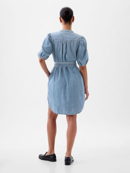 Summer Mini Shirt Dress Denim Light Wash Indigo