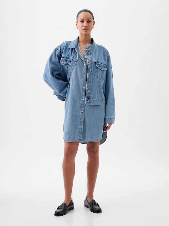 Summer Mini Shirt Dress Denim Light Wash Indigo