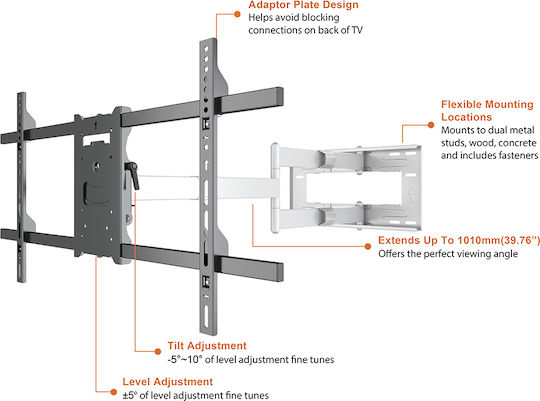 Multibrackets M Universal Long Reach Arm HD 1010mm Single Suport TV de perete cu braț până la 75" și 40kg Alb