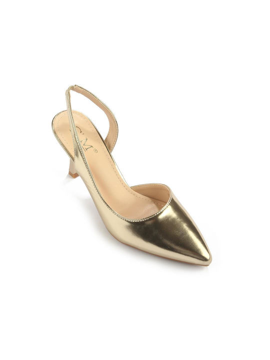 Fshoes Synthetic Leather Pointed Toe Gold Heels
