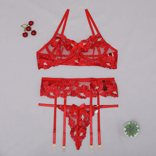 Ermioni Διάφανο Φλοράλ Σετ Εσωρούχων Με Κεντητή Δαντέλα, Μπανέλα, Ζαρτιέρες & Στρινγκ