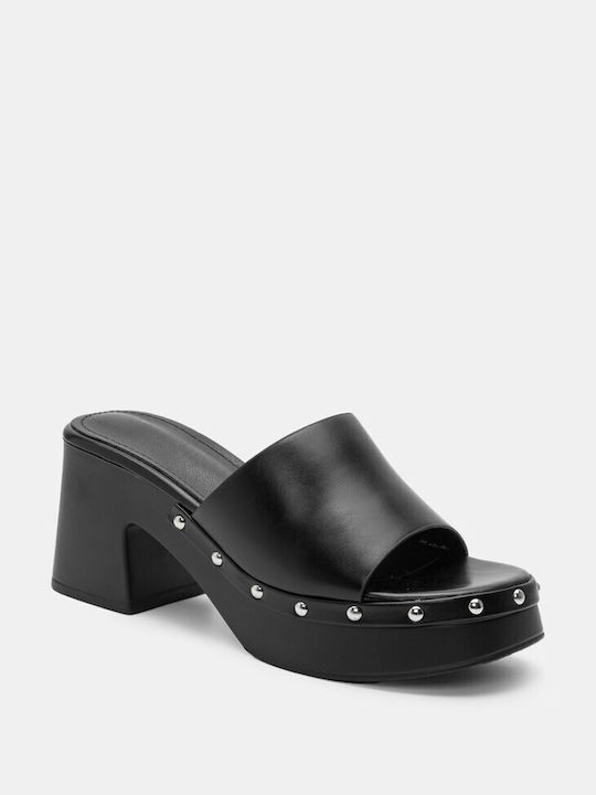 Luigi Chunky Heel Leather Mules Black