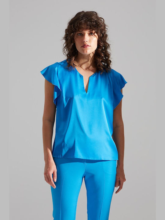 Bill Cost pentru Femei de Vară Bluză din Satin cu Decolteu în V Albastră