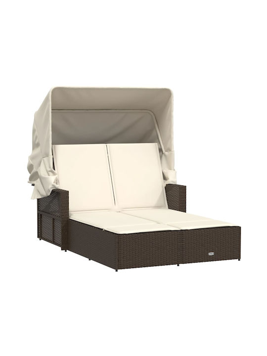 Sunbed Double Rattan with Cushion & Sunshade Brown 110x201cm.