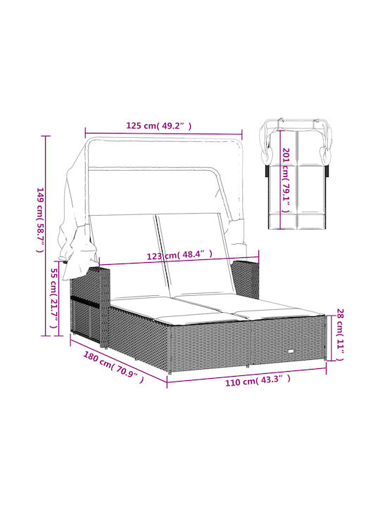 Șezlonguri pentru grădină și piscină - Pat Dublu Rattan cu Pernă și Parasolar Maro 110x201cm
