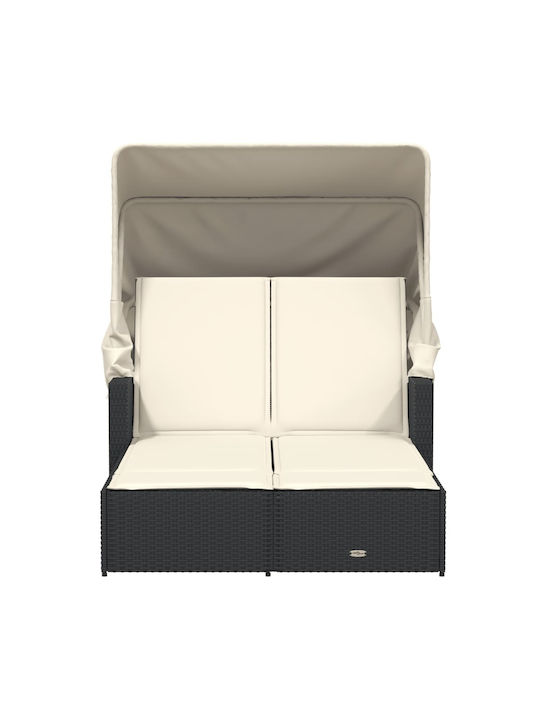 Sunbed Double Rattan with Cushion & Sunshade Black 110x201cm.