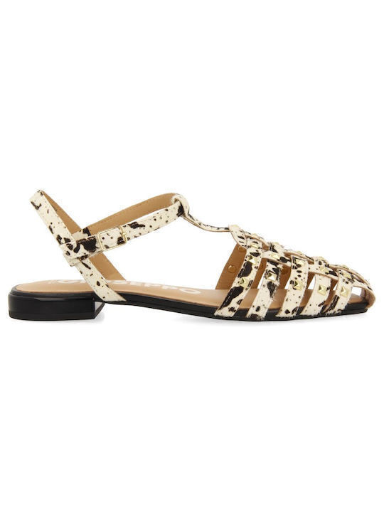 Leather Women's Flat Sandals with Strap in Ecru Color