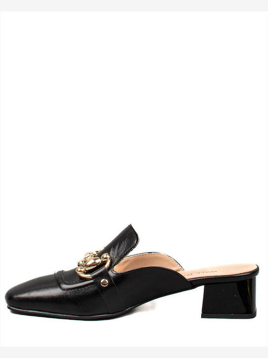 Leather Mules with Chunky Heel in Black Color