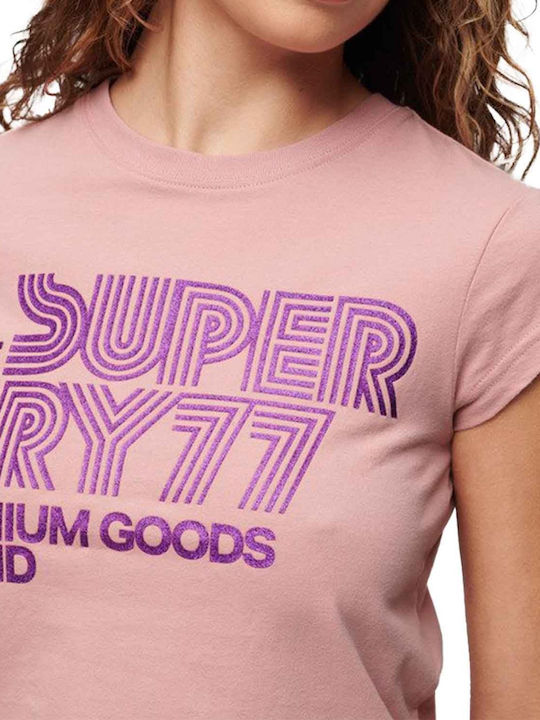 Superdry Retro Glitter Γυναικείο T-shirt Ροζ