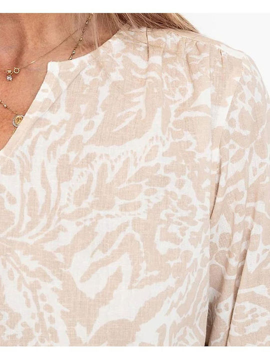 Fransa Γυναικεία Μπλούζα Βαμβακερή Μακρυμάνικη με V Λαιμόκοψη Ροζ