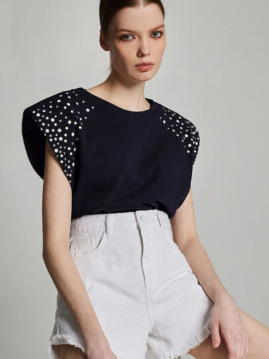 Damen Sommer Bluse Baumwolle Ärmellos Marineblau