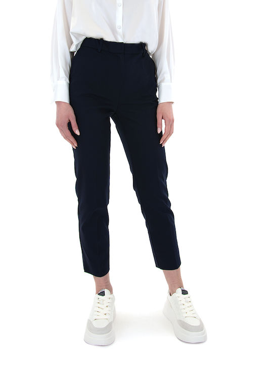 MY T Women's High-waisted Cotton Capri Trousers in Slim Fit Blue