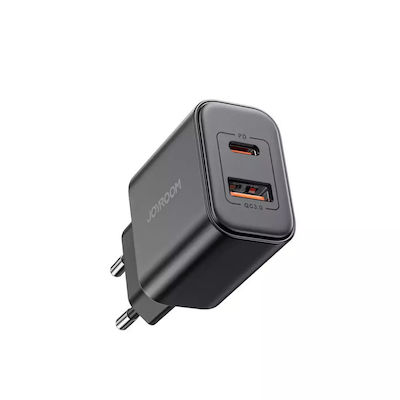 Joyroom Încărcător cu Port USB-A și Port USB-C și Cablu USB-C - USB-C 20W Negruς (TCF05)