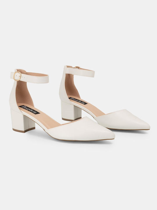 Bozikis Synthetic Leather Pointed Toe White Medium Heels with Strap