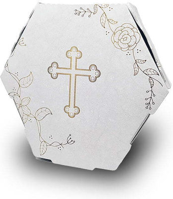 Sechseckige Pappschachtel mit goldenem Design und Kreuz für Gedenken und Kappe 9x9x2.7cm (1Stk)