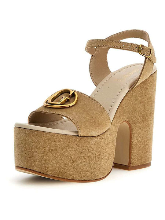 Guess Platform Leather Women's Sandals Beige with High Heel