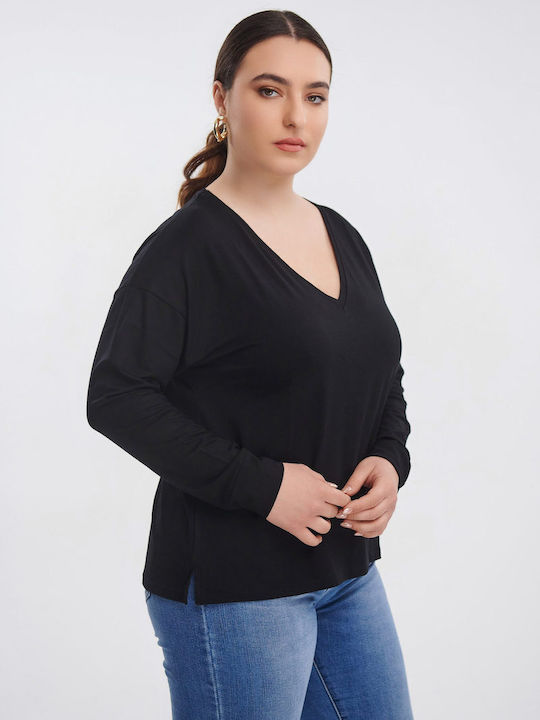 Jucita Women's Blouse Long Sleeve with V Neck Black