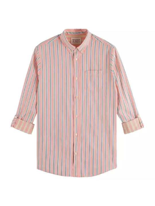 Scotch & Soda Men's Shirt Long Sleeve Cotton Striped Coral Stripe