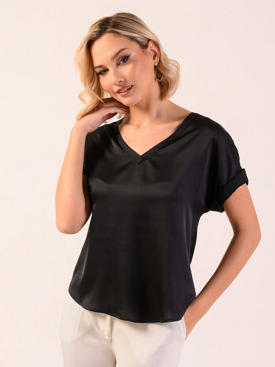 Derpouli Damen Bluse Satin Kurzärmelig Schwarz